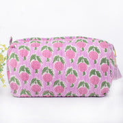 Quilted Wash Bag, Indian Handmade Floral Print Cosmetic Organizer, Hand Block Travel bag, Vanity Case, Travel bag
